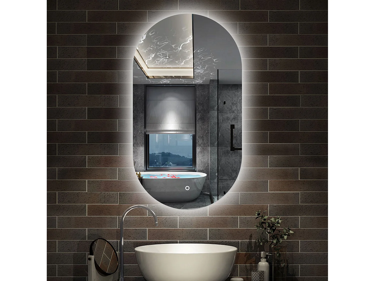 Espelho de Banho Oval AICA com LED Branco,Brilho Ajustável e Função Memória,50x90cm