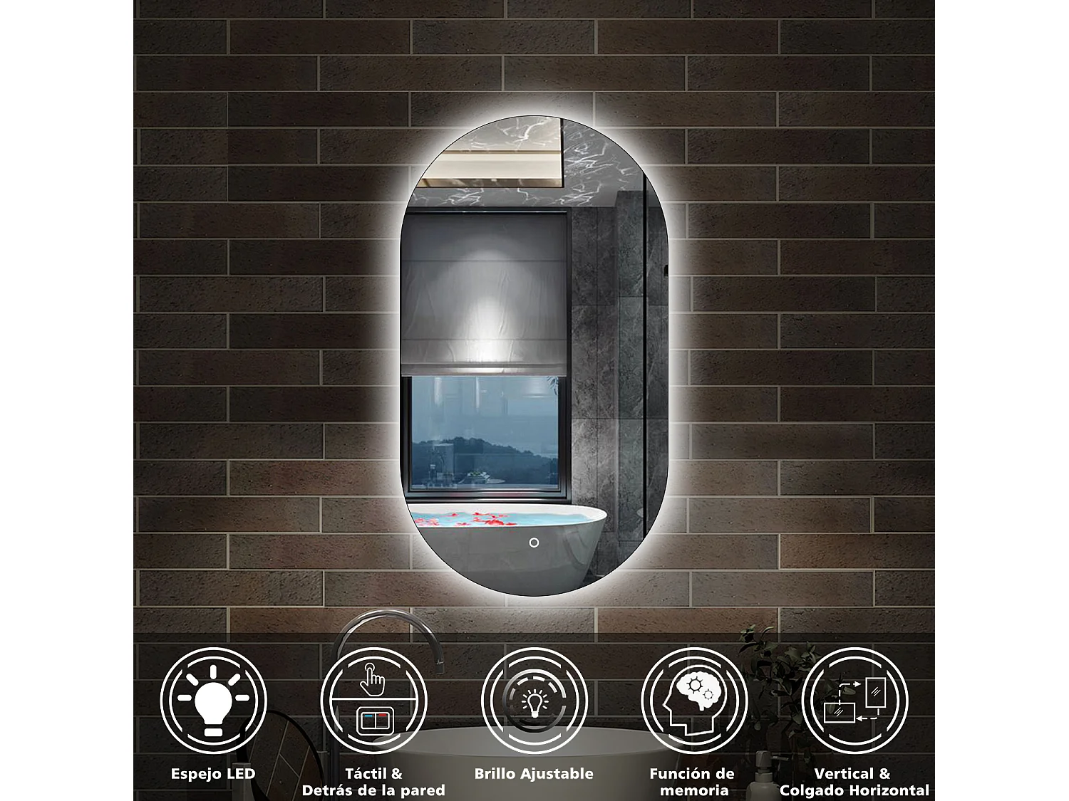 Espelho de Banho Oval AICA com LED Branco,Brilho Ajustável e Função Memória,50x90cm