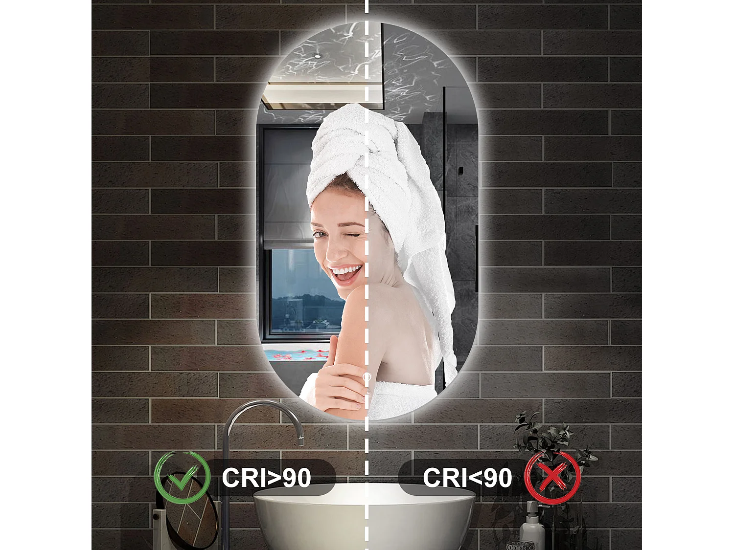 Espelho de Banho Oval AICA com LED Branco,Brilho Ajustável e Função Memória,50x90cm