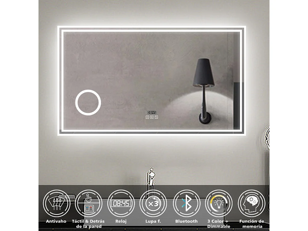 Espelho de Banho LED AICA 160x80cm - 3 Temperaturas de Cor,Anti-Embaçante,Bluetooth,Lupa,Dimmer Infinito,Relógio e Memória de Energia