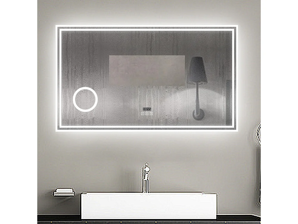 Espelho de Banho LED AICA 160x80cm - 3 Temperaturas de Cor,Anti-Embaçante,Bluetooth,Lupa,Dimmer Infinito,Relógio e Memória de Energia