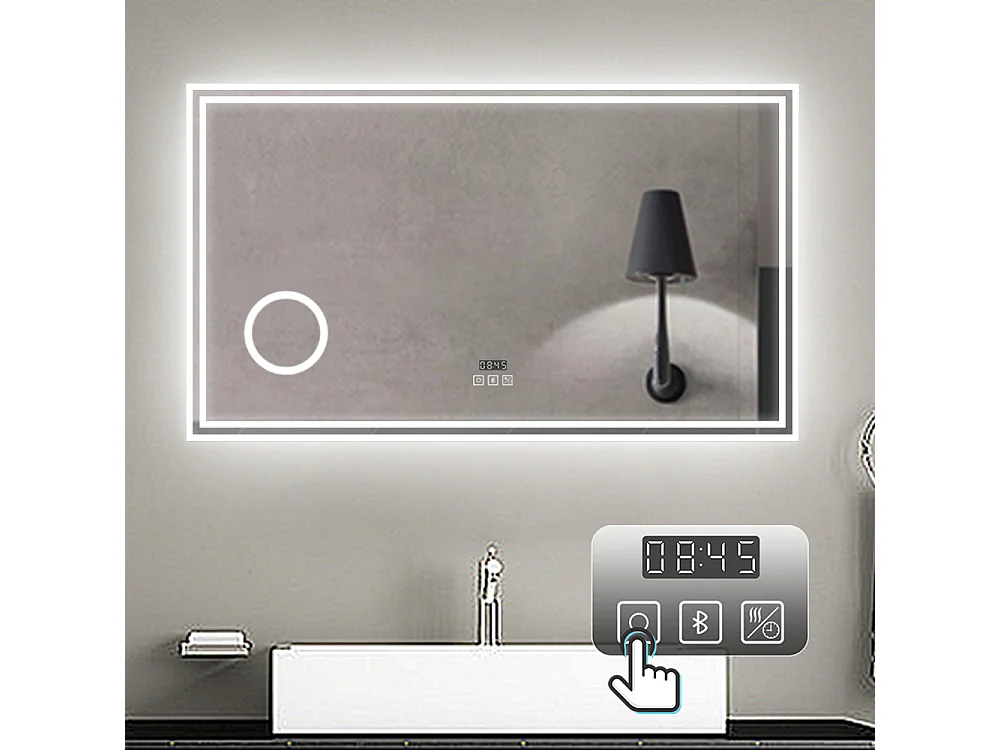 Espelho de Banho LED AICA 160x80cm - 3 Temperaturas de Cor,Anti-Embaçante,Bluetooth,Lupa,Dimmer Infinito,Relógio e Memória de Energia