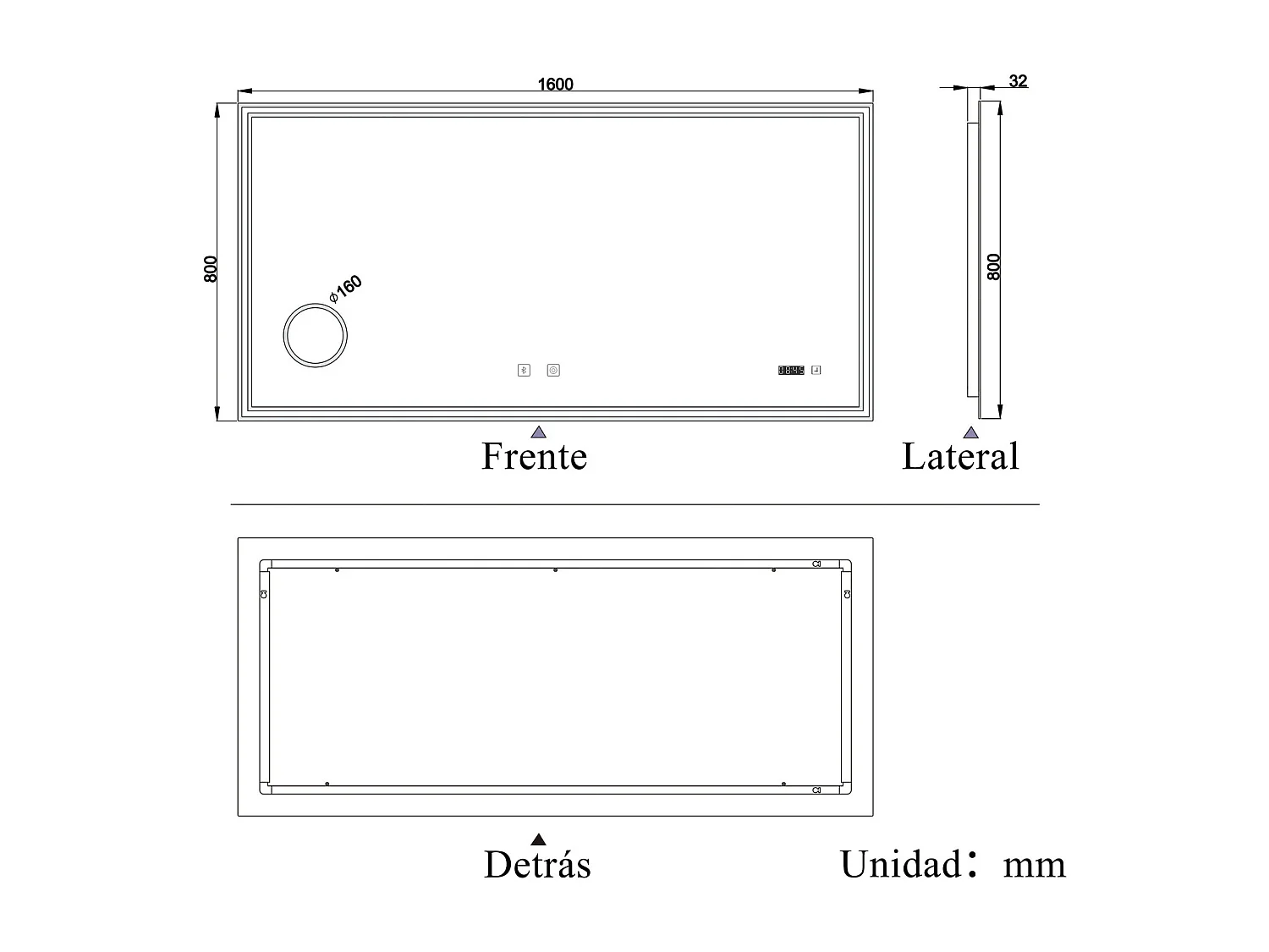 Espelho de Banho LED AICA 160x80cm - 3 Temperaturas de Cor,Anti-Embaçante,Bluetooth,Lupa,Dimmer Infinito,Relógio e Memória de Energia