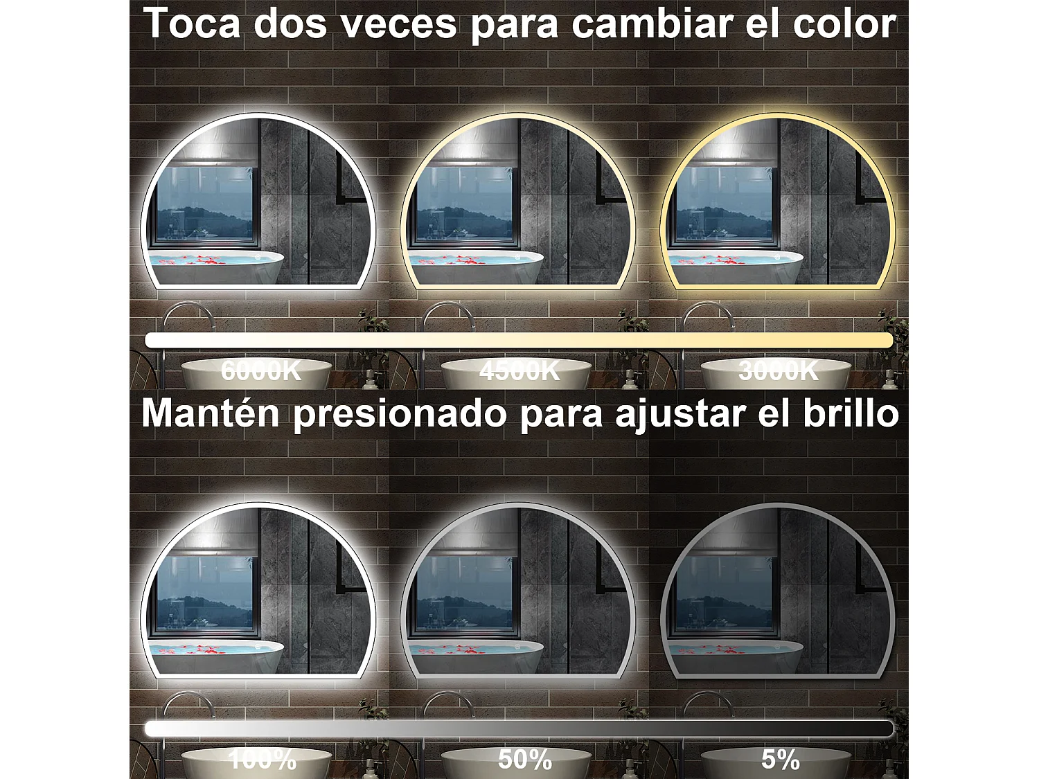 Espelho de Banho Semi Circular AICA com LED 3 Cores,Antiembaçante,Brilho Ajustável e Memória,100x80cm