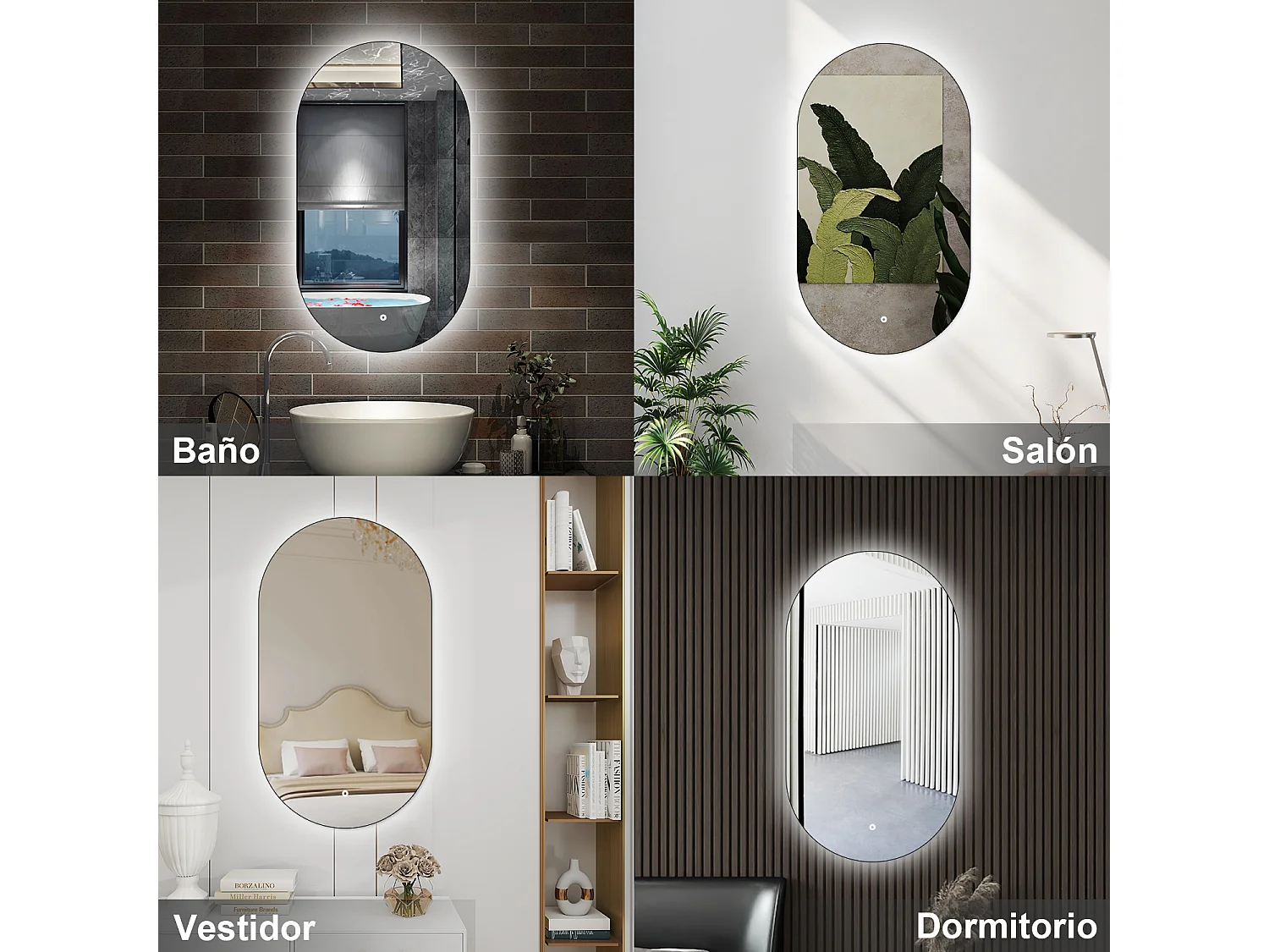 Espelho de Banho Oval AICA com LED Branco,Brilho Ajustável e Função Memória,45x75cm