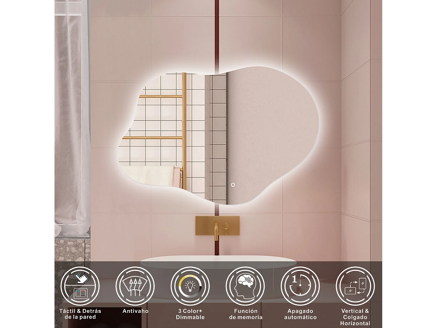 Espelho de Banho LED AICA 80x55cm Irregular - 3 Cores,Antiembaçante,Brilho Ajustável e Memória