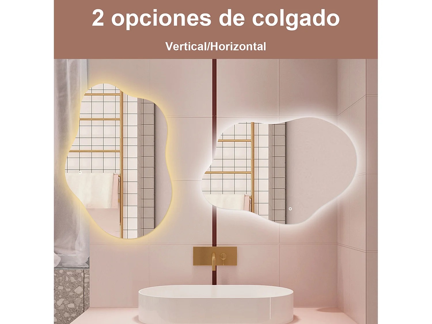 Espelho de Banho LED AICA 80x55cm Irregular - 3 Cores,Antiembaçante,Brilho Ajustável e Memória