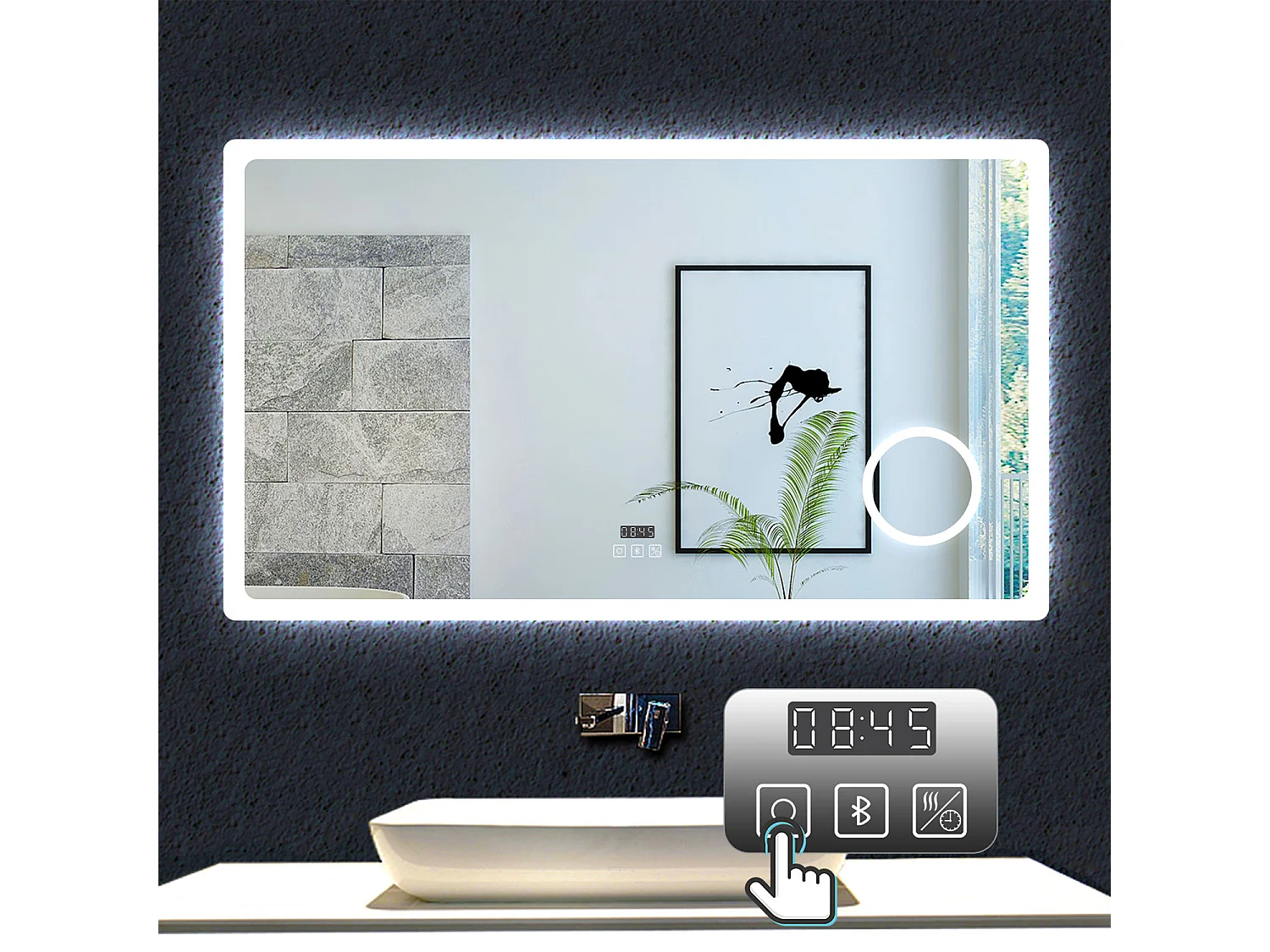 AICA Espelho de Banho Inteligente com LED 3 Cores,Antiembaçante,Bluetooth,Lupa,Brilho Ajustável,Relógio e Função Memória,160x80cm