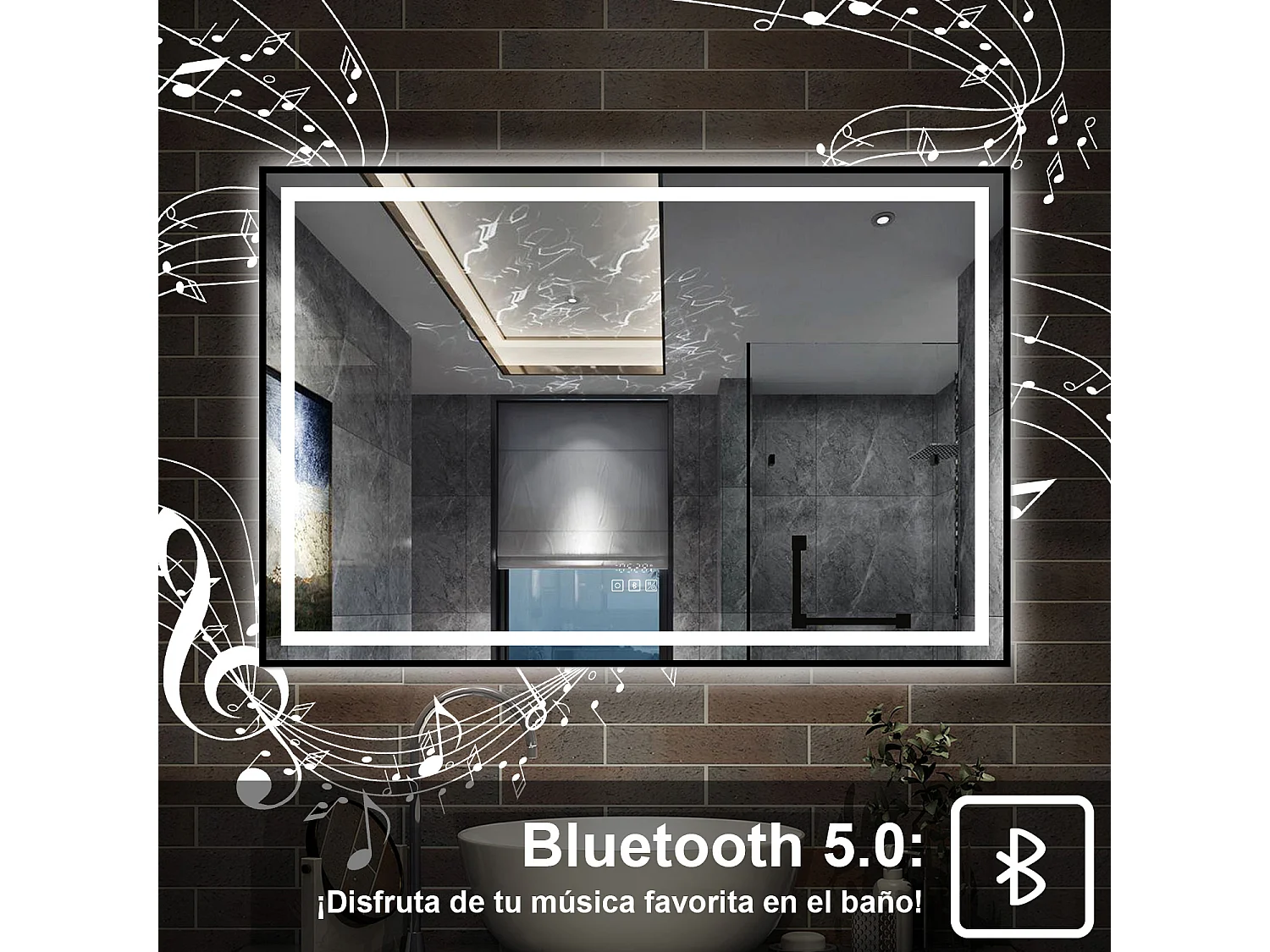 AICA Espejo con Luz de baño,120 x 80 cm,con función antivaho, Bluetooth, Reloj LED