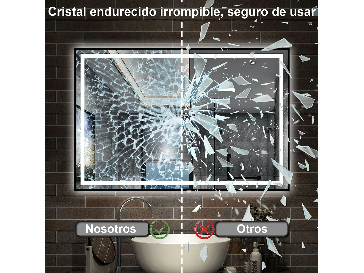 AICA Espejo con Luz de baño,120 x 80 cm,con función antivaho, Bluetooth, Reloj LED