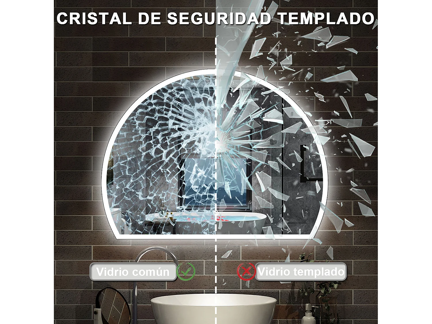 Espelho de Banho Semi Circular AICA com LED 3 Cores,Antiembaçante,Brilho Ajustável e Memória,120x100cm