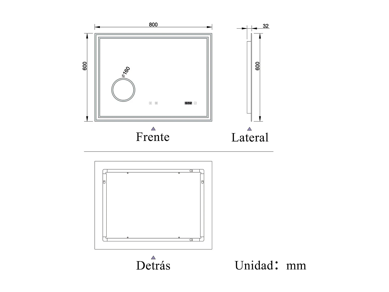 Espelho de Banho LED AICA 80x60cm - 3 Temperaturas de Cor,Anti-Embaçante,Bluetooth,Lupa,Dimmer Infinito,Relógio e Memória de Energia