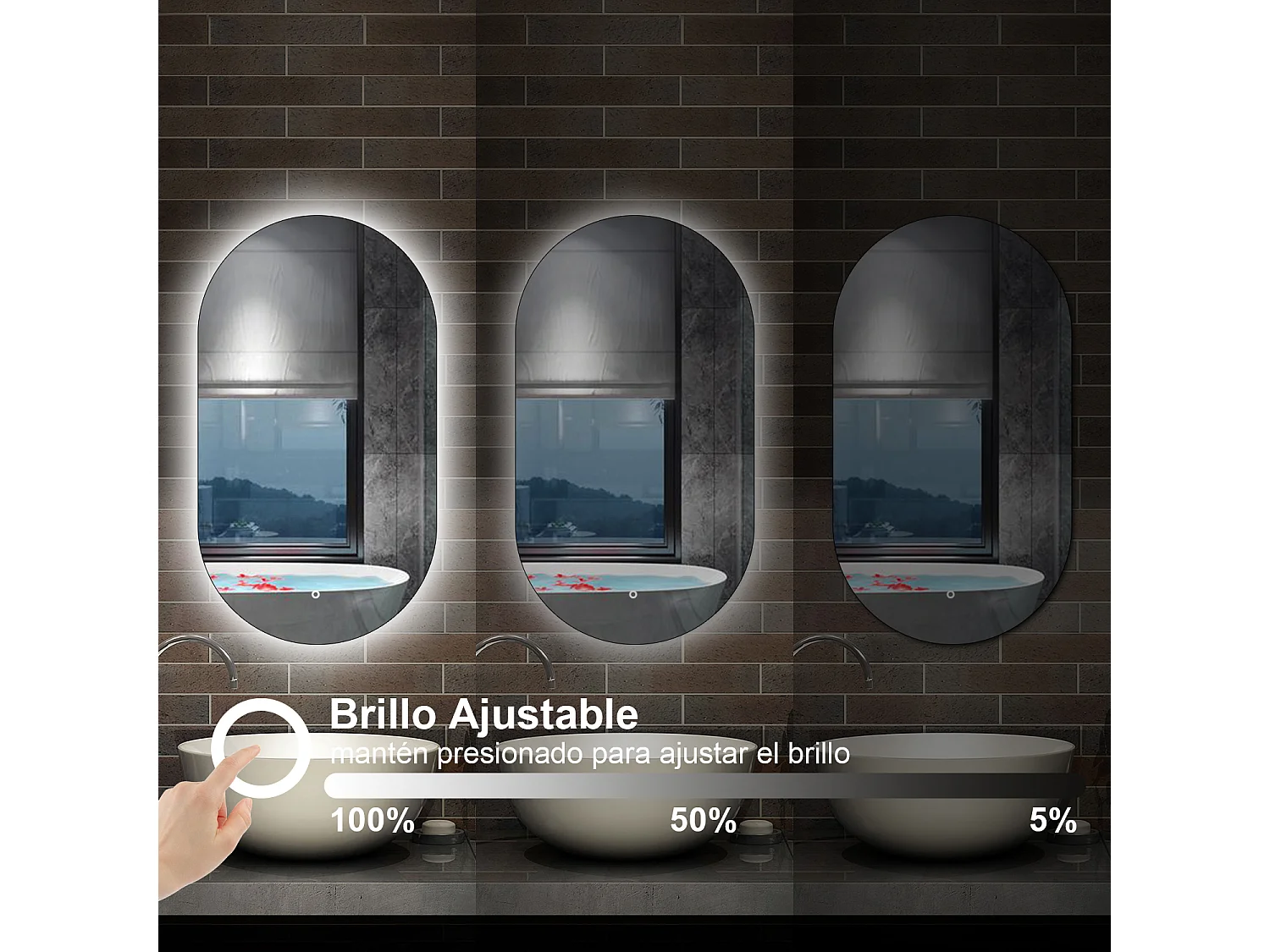 Espelho de Banho Oval AICA com LED Branco,Brilho Ajustável e Função Memória,60x100cm