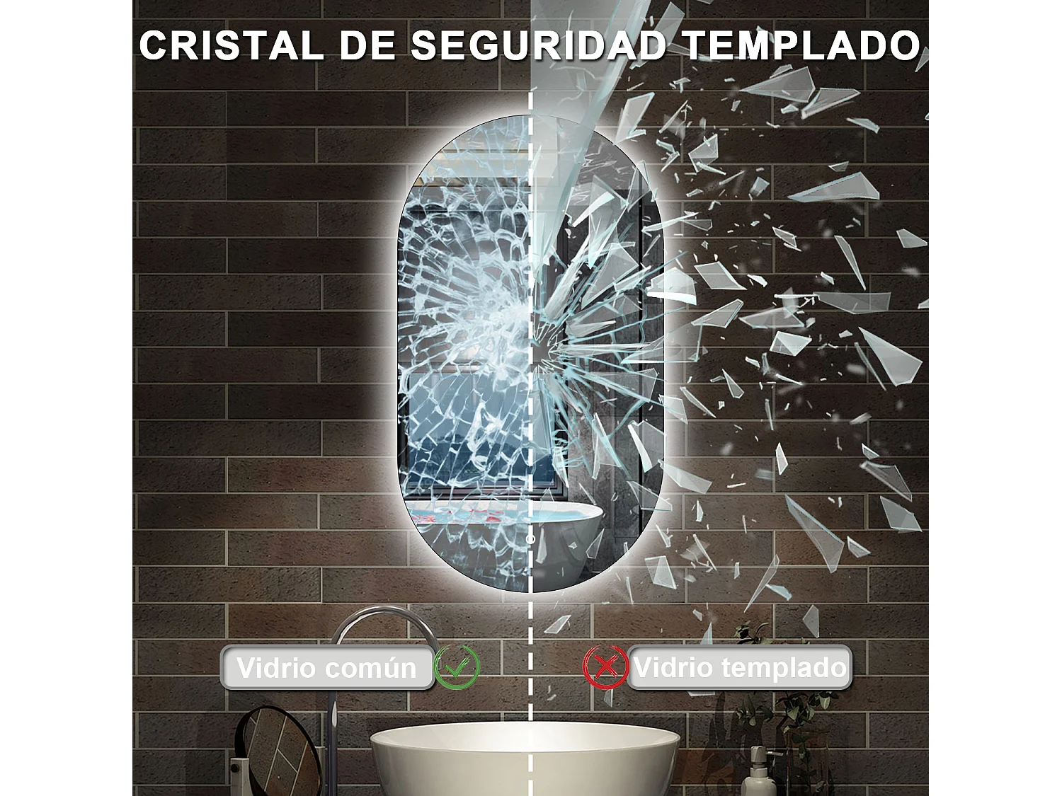 Espelho de Banho Oval AICA com LED Branco,Brilho Ajustável e Função Memória,60x100cm