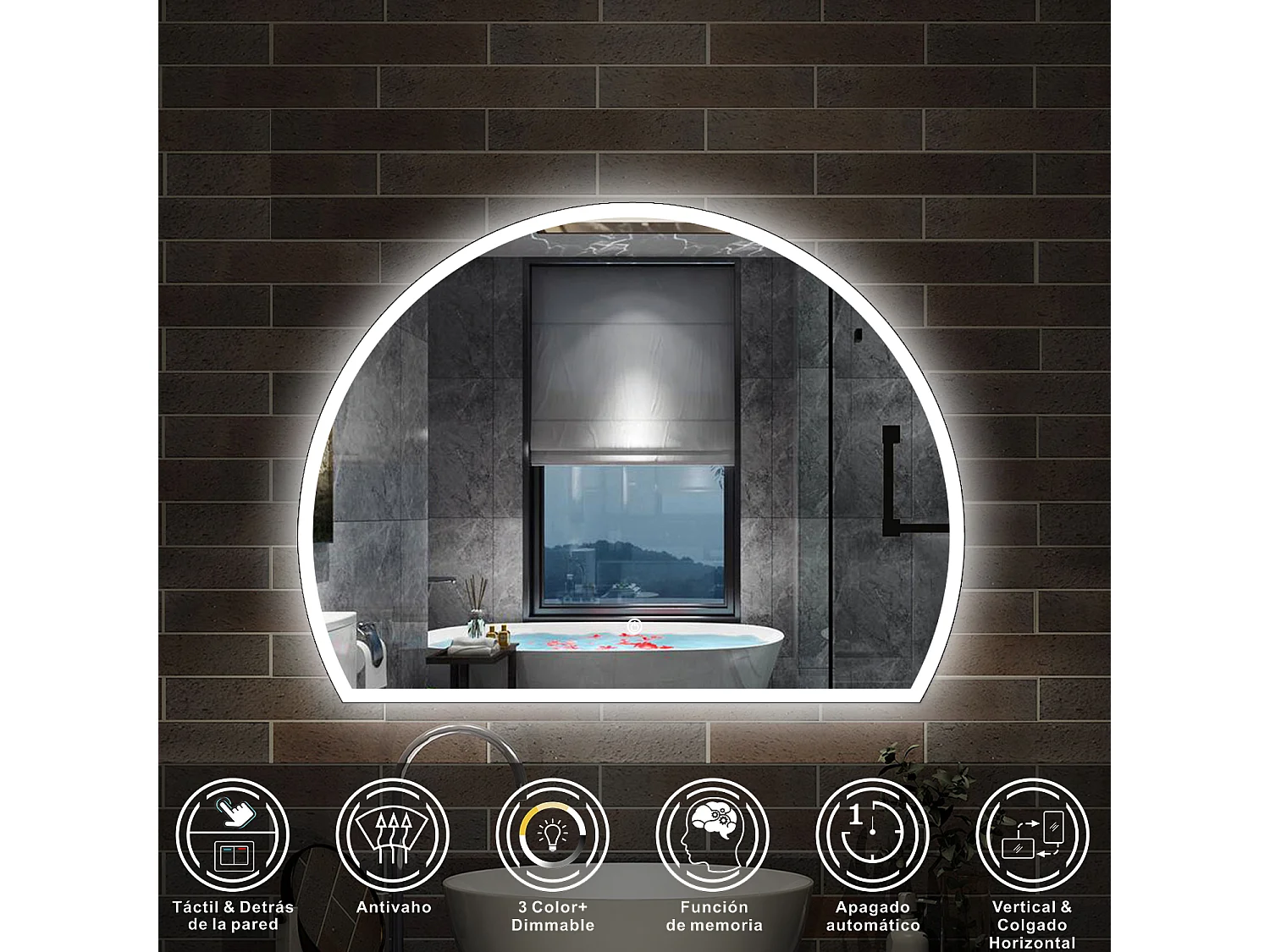 Espelho de Banho Semi Circular AICA com LED 3 Cores,Antiembaçante,Brilho Ajustável e Memória,80x60cm