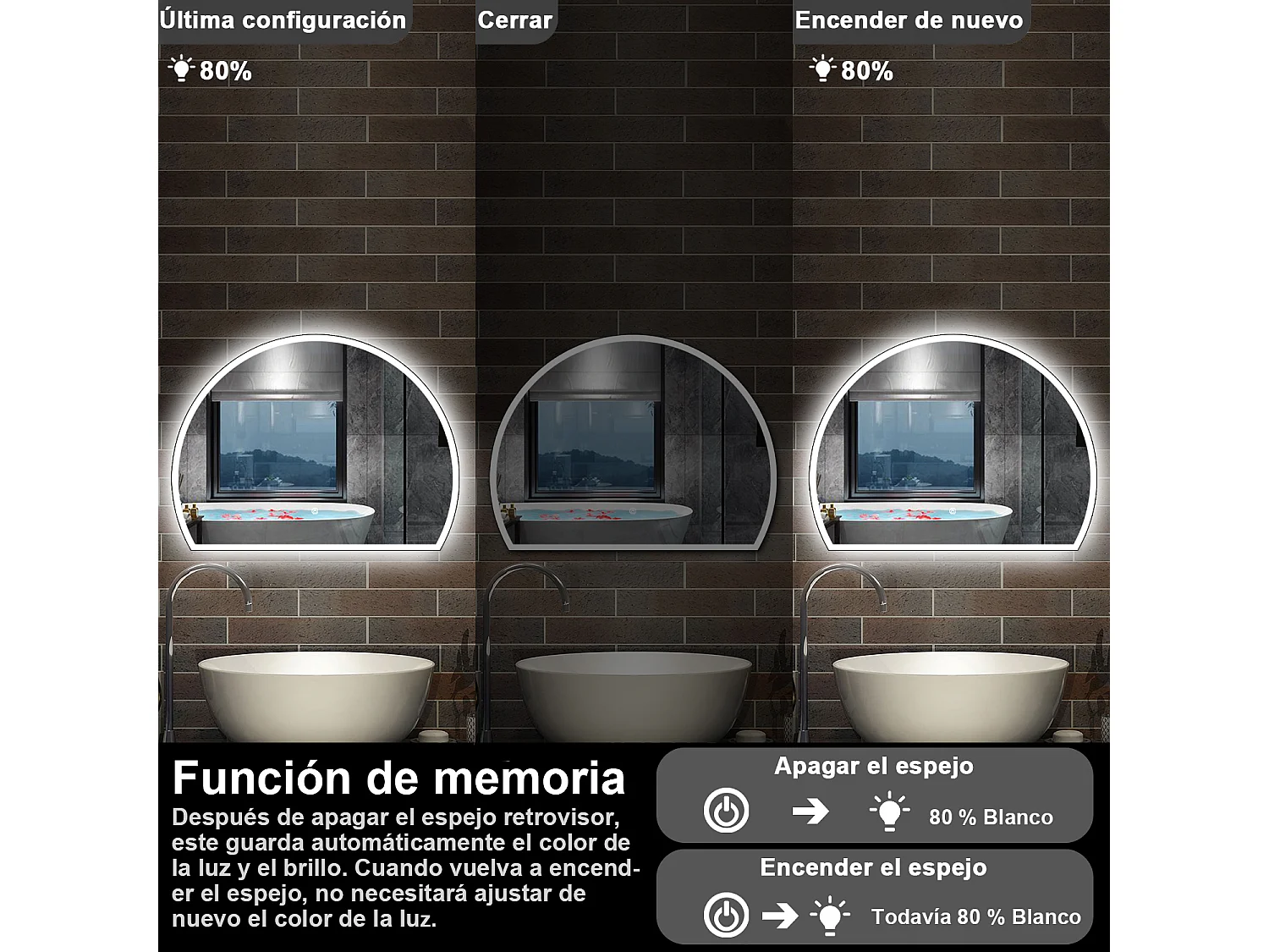 Espelho de Banho Semi Circular AICA com LED 3 Cores,Antiembaçante,Brilho Ajustável e Memória,80x60cm