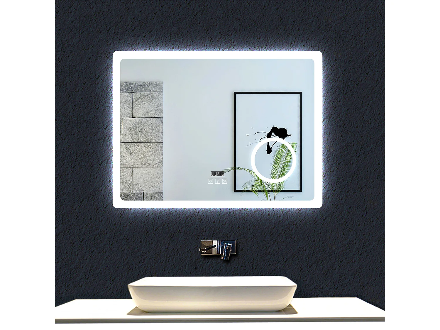 AICA Espelho de Banho Inteligente com LED 3 Cores,Antiembaçante,Bluetooth,Lupa,Brilho Ajustável,Relógio e Função Memória,80x60cm