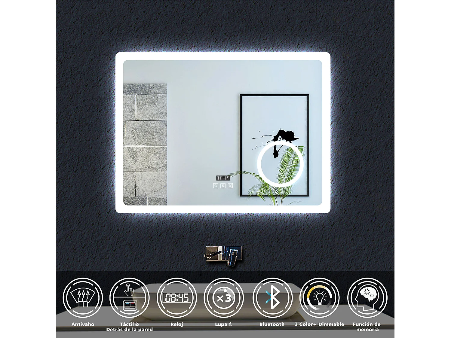 AICA Espelho de Banho Inteligente com LED 3 Cores,Antiembaçante,Bluetooth,Lupa,Brilho Ajustável,Relógio e Função Memória,80x60cm