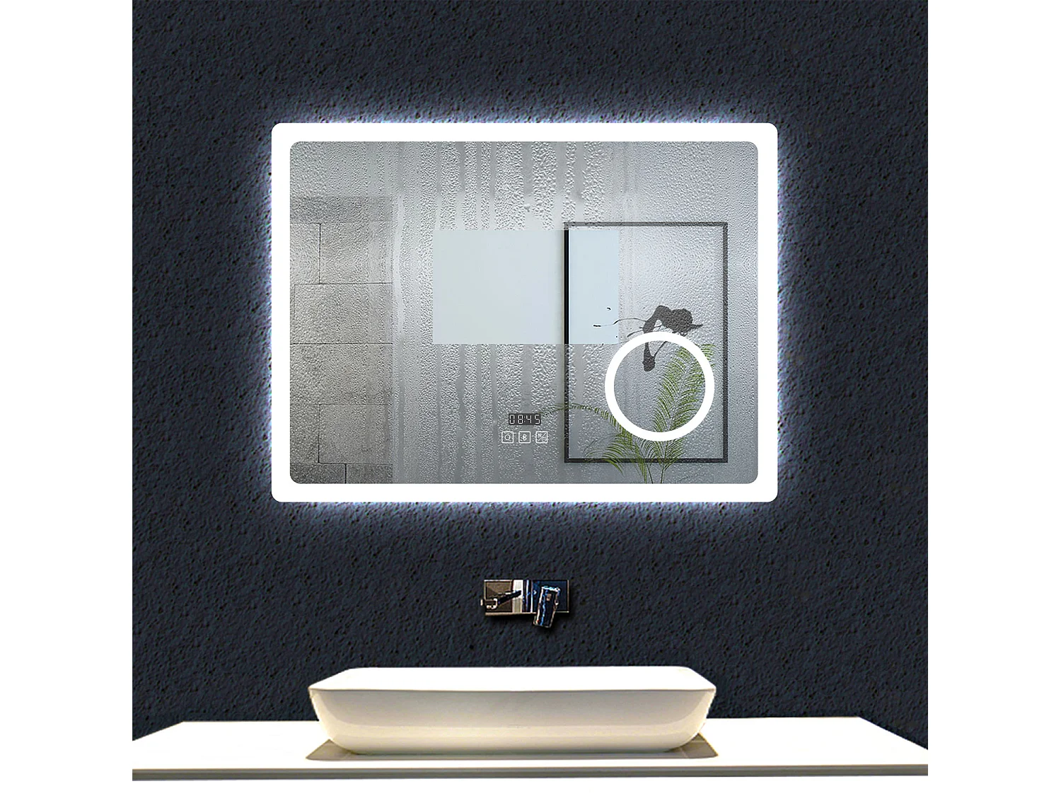 AICA Espelho de Banho Inteligente com LED 3 Cores,Antiembaçante,Bluetooth,Lupa,Brilho Ajustável,Relógio e Função Memória,80x60cm