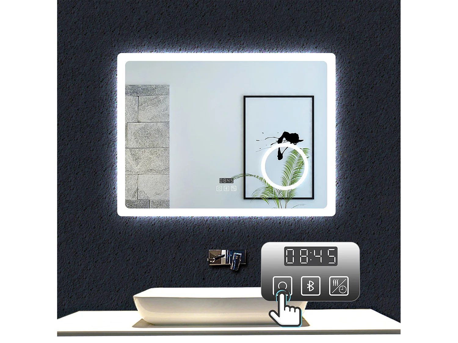 AICA Espelho de Banho Inteligente com LED 3 Cores,Antiembaçante,Bluetooth,Lupa,Brilho Ajustável,Relógio e Função Memória,80x60cm