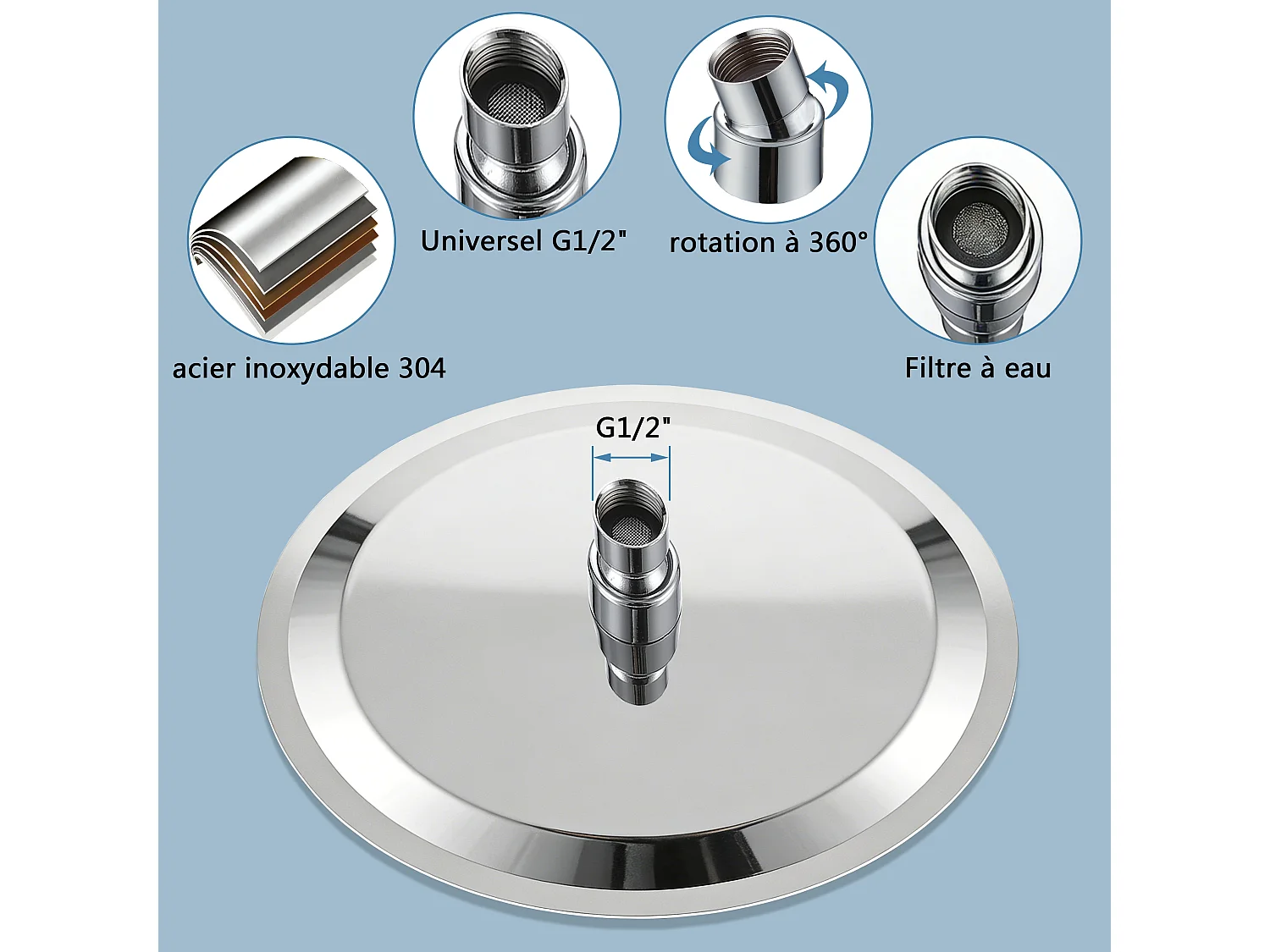 AICA Douche de tête ronde 20 cm, Filtage universel 1/2, Aicer inoxydable, Buses en silicone anticalcaire, Chrome