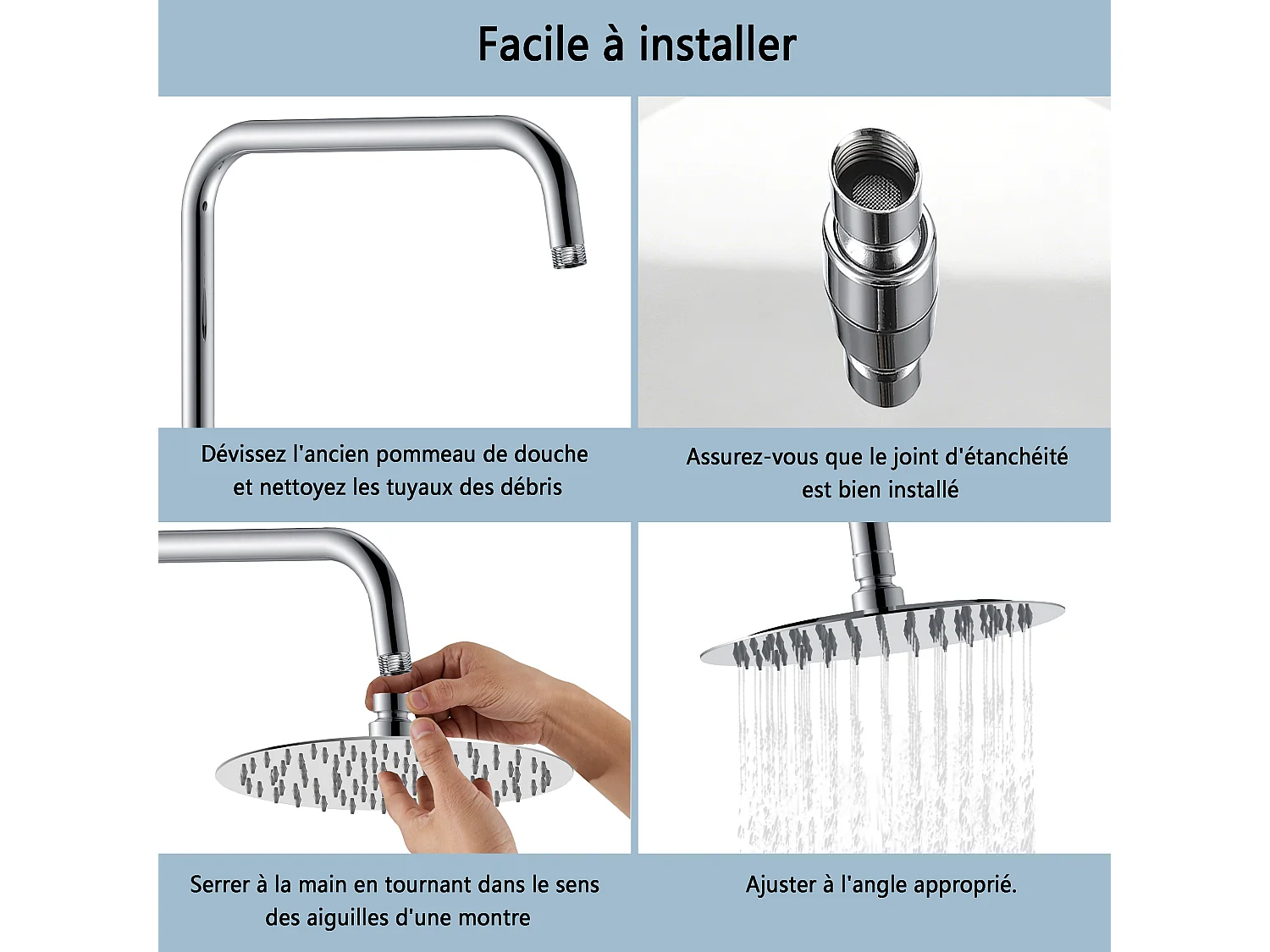 AICA Douche de tête ronde 20 cm, Filtage universel 1/2, Aicer inoxydable, Buses en silicone anticalcaire, Chrome