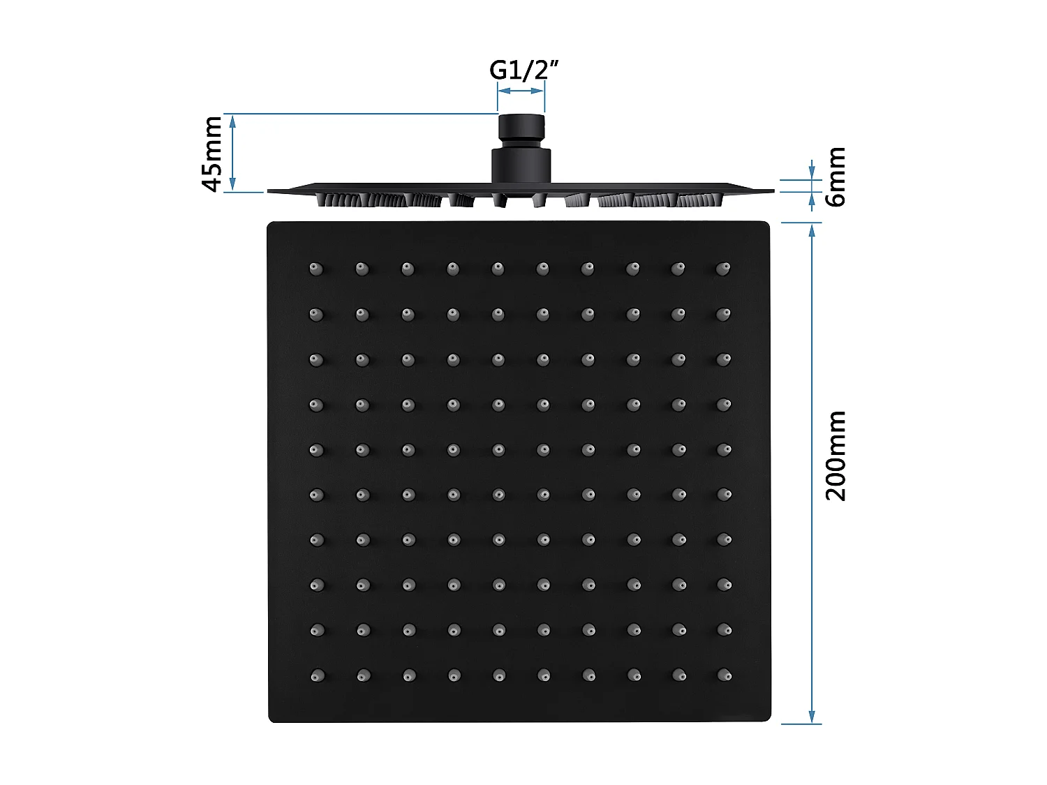 AICA Douche de tête carrée 20 x 20 cm, Filtage universel 1/2, Aicer inoxydable, Buses en silicone anticalcaire, Noir
