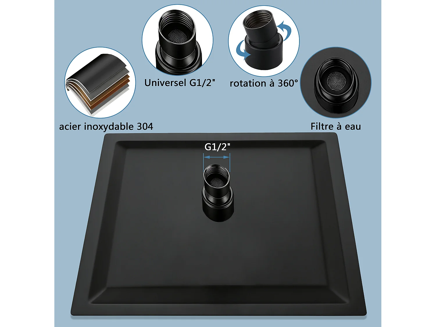 AICA Douche de tête carrée 20 x 20 cm, Filtage universel 1/2, Aicer inoxydable, Buses en silicone anticalcaire, Noir