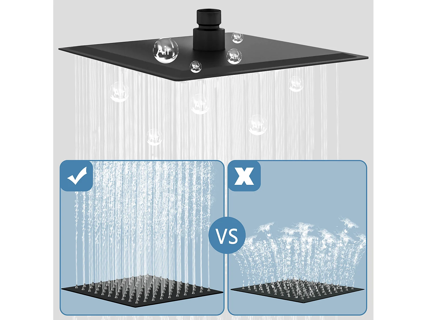 AICA Douche de tête carrée 20 x 20 cm, Filtage universel 1/2, Aicer inoxydable, Buses en silicone anticalcaire, Noir