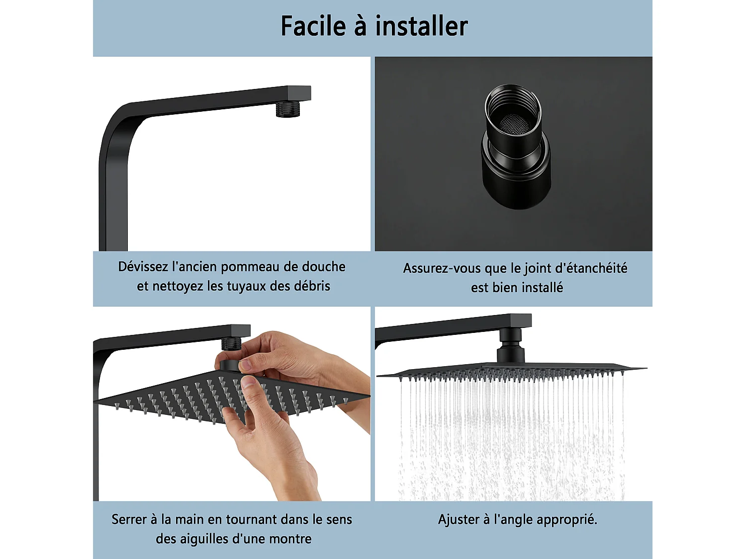 AICA Douche de tête carrée 20 x 20 cm, Filtage universel 1/2, Aicer inoxydable, Buses en silicone anticalcaire, Noir
