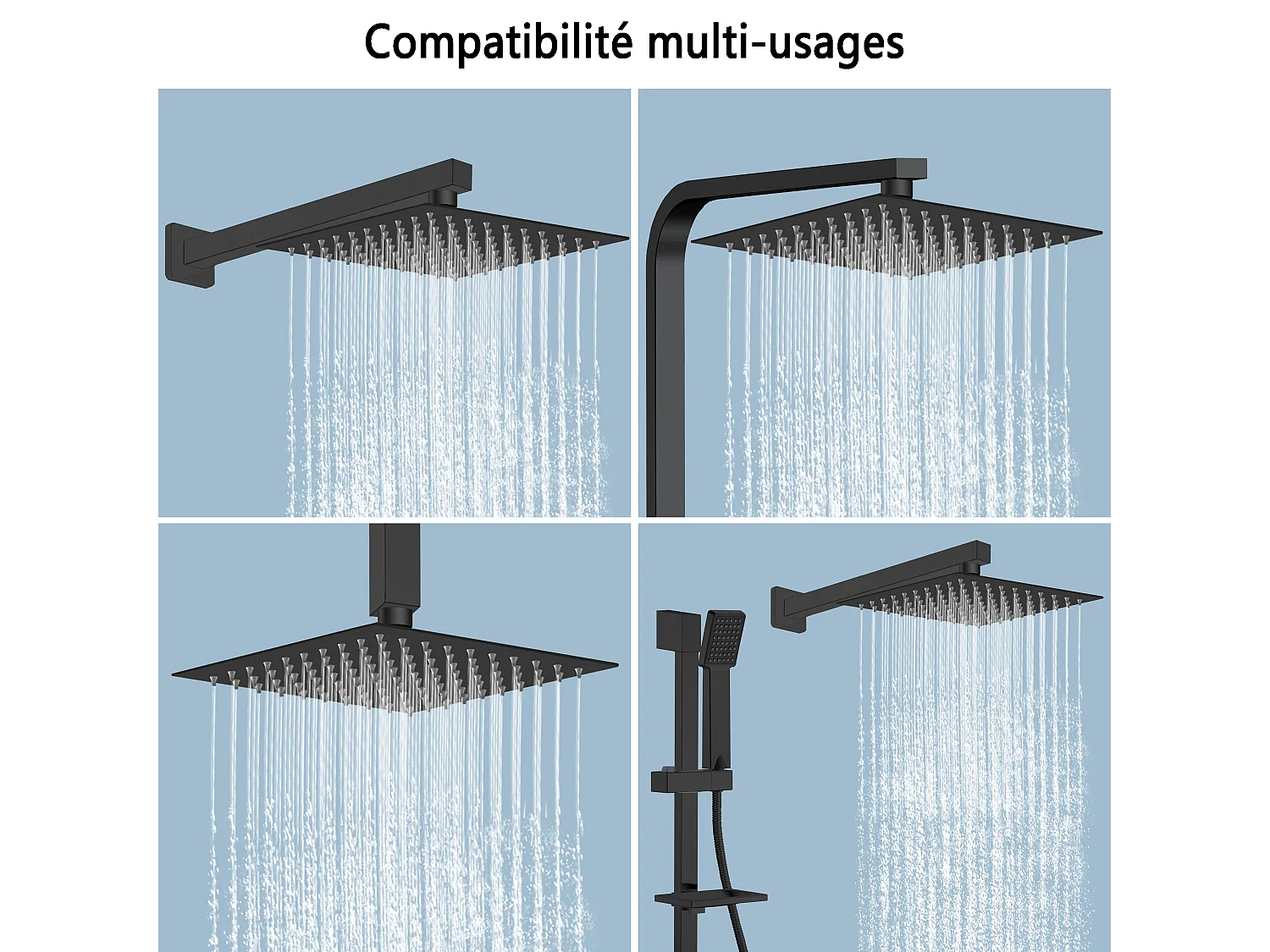 AICA Douche de tête carrée 20 x 20 cm, Filtage universel 1/2, Aicer inoxydable, Buses en silicone anticalcaire, Noir