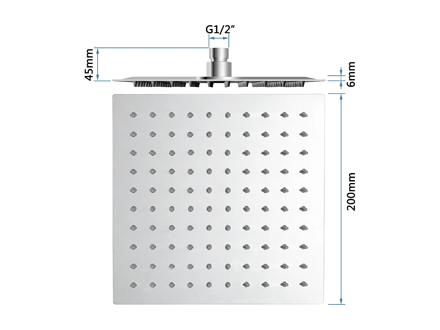 AICA Douche de tête carrée 20 x 20 cm, Filtage universel 1/2, Aicer inoxydable, Buses en silicone anticalcaire, Chrome