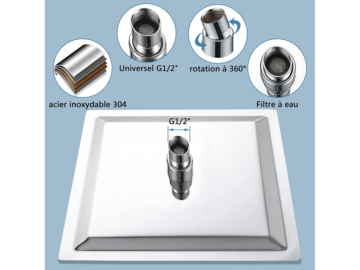 AICA Douche de tête carrée 20 x 20 cm, Filtage universel 1/2, Aicer inoxydable, Buses en silicone anticalcaire, Chrome