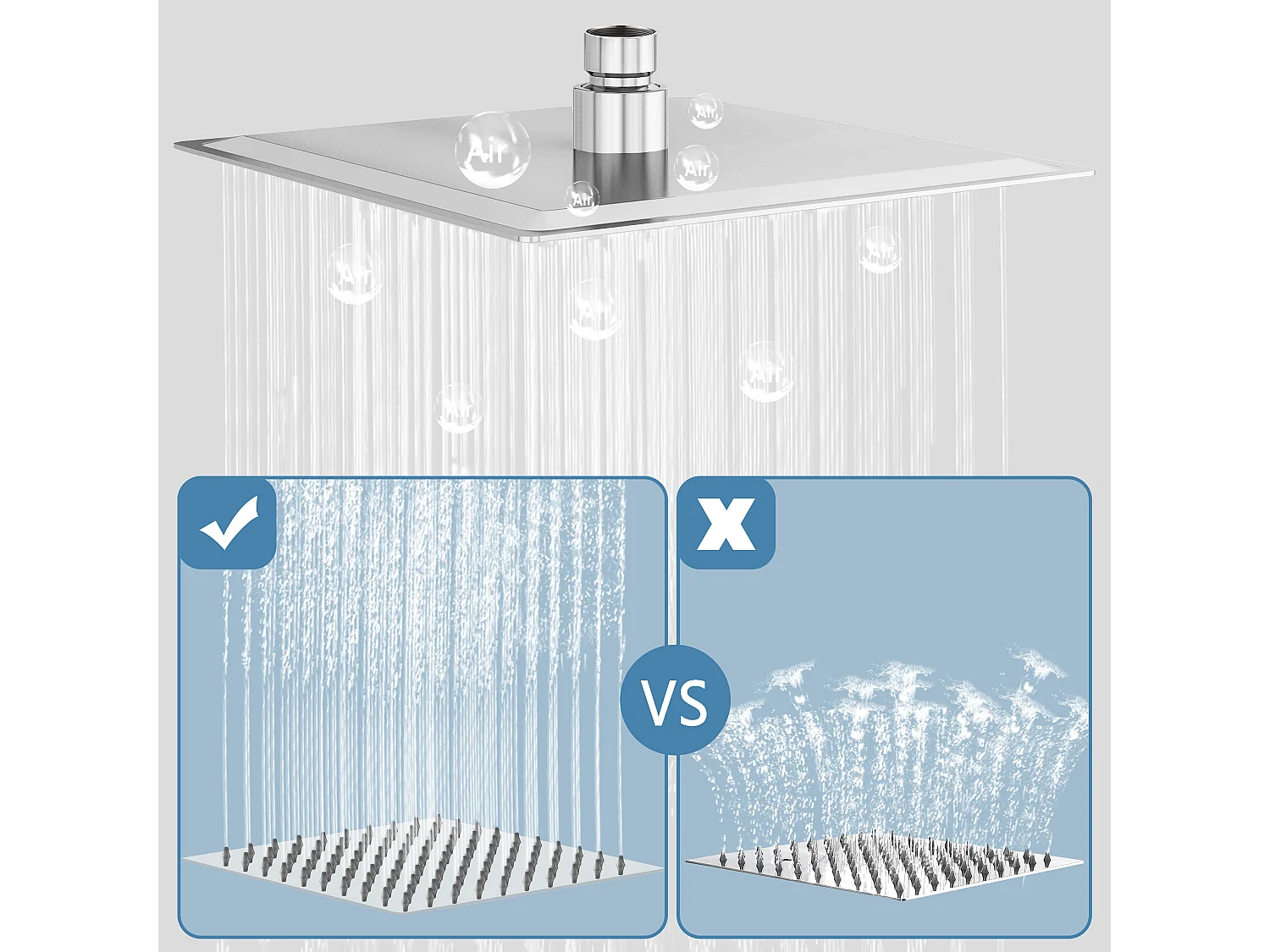 AICA Douche de tête carrée 20 x 20 cm, Filtage universel 1/2, Aicer inoxydable, Buses en silicone anticalcaire, Chrome