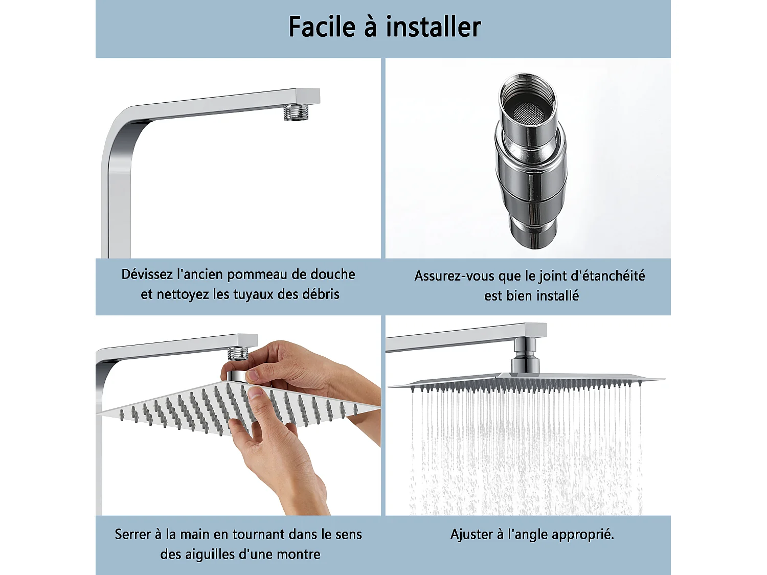 AICA Douche de tête carrée 20 x 20 cm, Filtage universel 1/2, Aicer inoxydable, Buses en silicone anticalcaire, Chrome