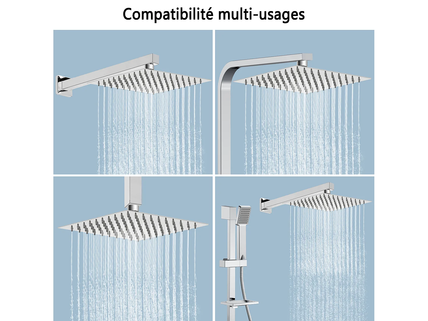 AICA Douche de tête carrée 20 x 20 cm, Filtage universel 1/2, Aicer inoxydable, Buses en silicone anticalcaire, Chrome
