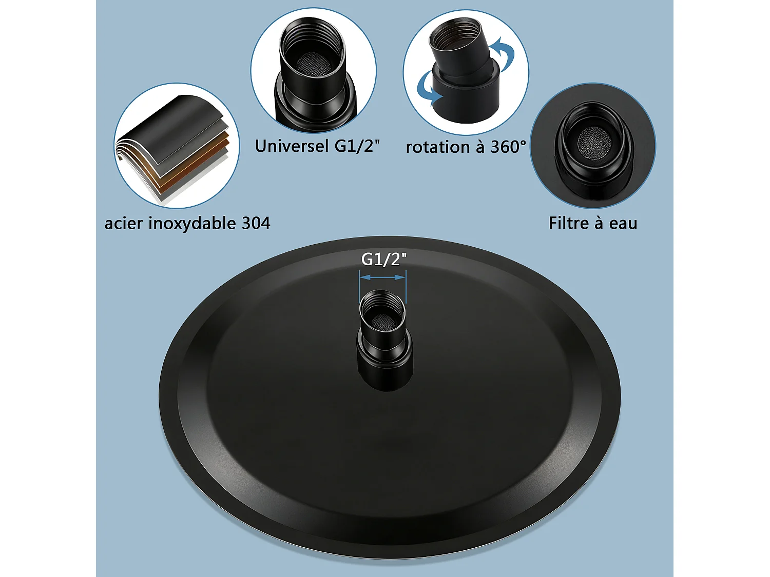 AICA Douche de tête ronde 20 cm, Filtage universel 1/2, Aicer inoxydable, Buses en silicone anticalcaire, Noir