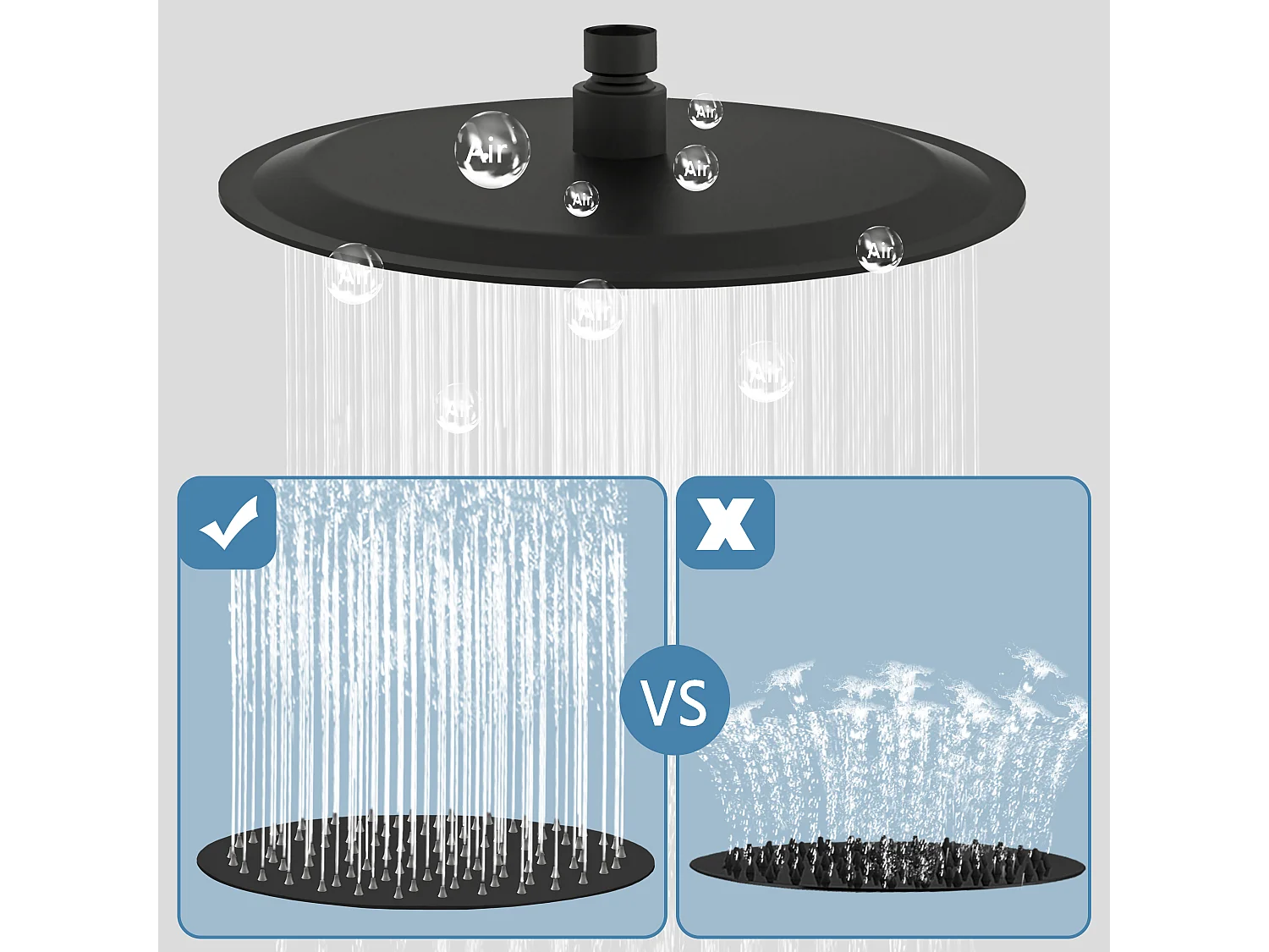 AICA Douche de tête ronde 20 cm, Filtage universel 1/2, Aicer inoxydable, Buses en silicone anticalcaire, Noir