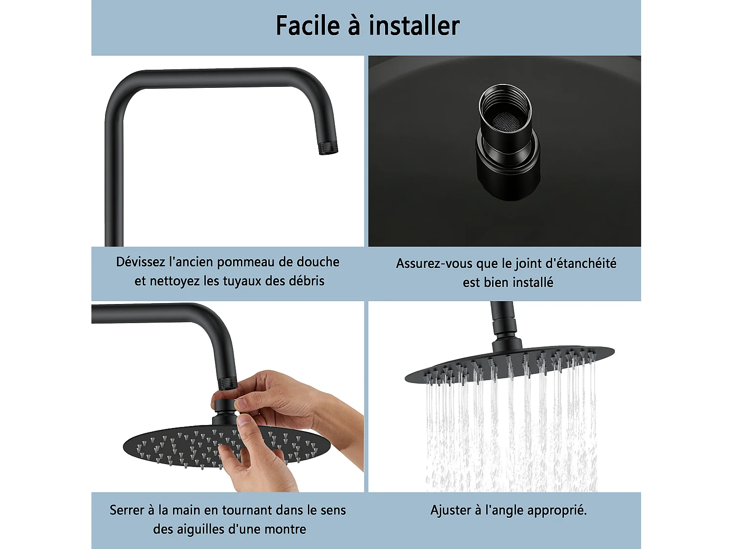 AICA Douche de tête ronde 20 cm, Filtage universel 1/2, Aicer inoxydable, Buses en silicone anticalcaire, Noir