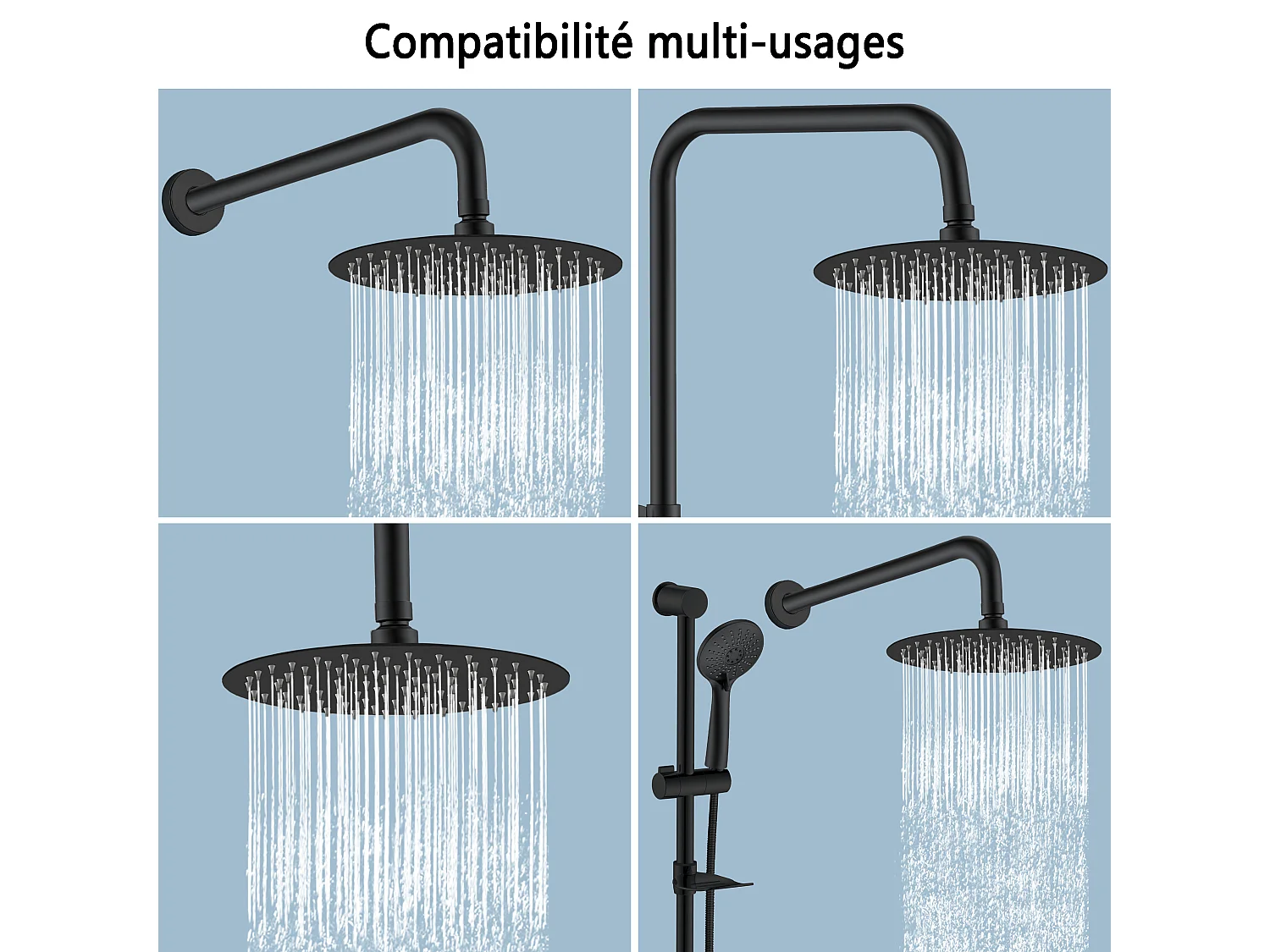 AICA Douche de tête ronde 20 cm, Filtage universel 1/2, Aicer inoxydable, Buses en silicone anticalcaire, Noir