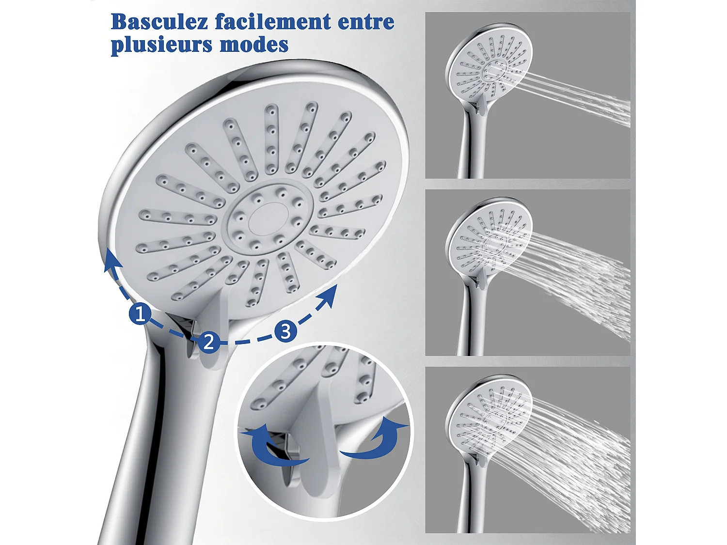 AICA Pommeau de douche 3 jets avec tuyau de douche 1.5m pour salle de bain, chrome
