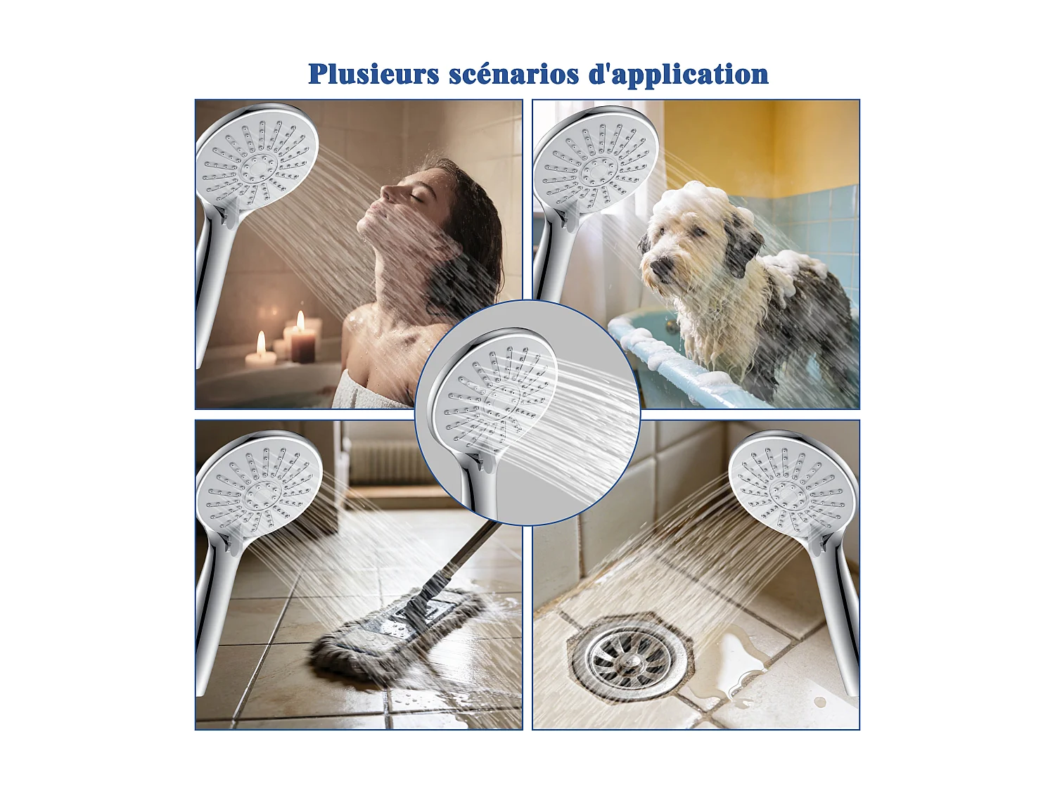 AICA Pommeau de douche 3 jets avec tuyau de douche 1.5m pour salle de bain, chrome