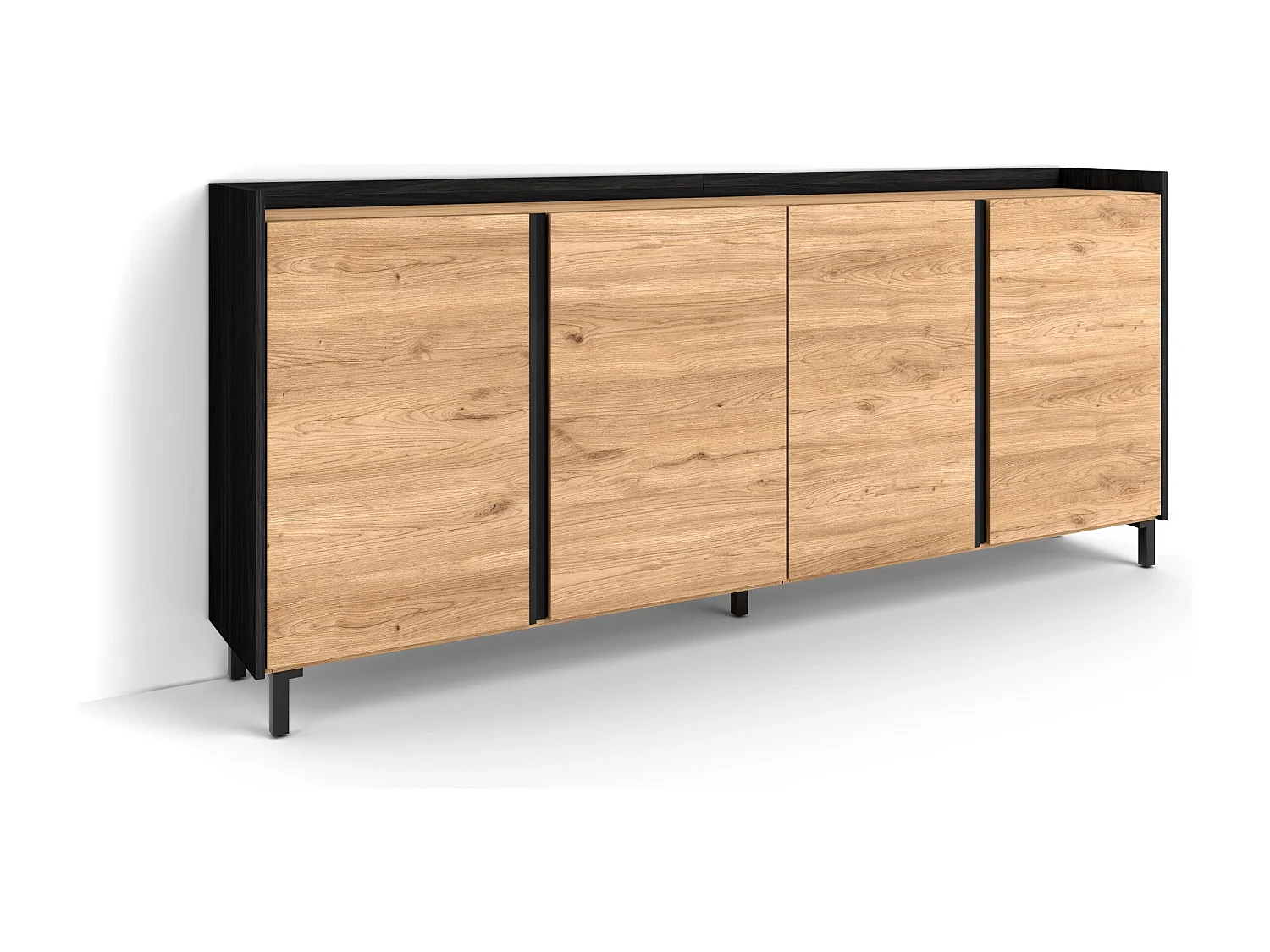 Dressoir, Opbergkast, 207x91x35 cm, 4 Deuren, Industrieel design, Eiken/Zwart