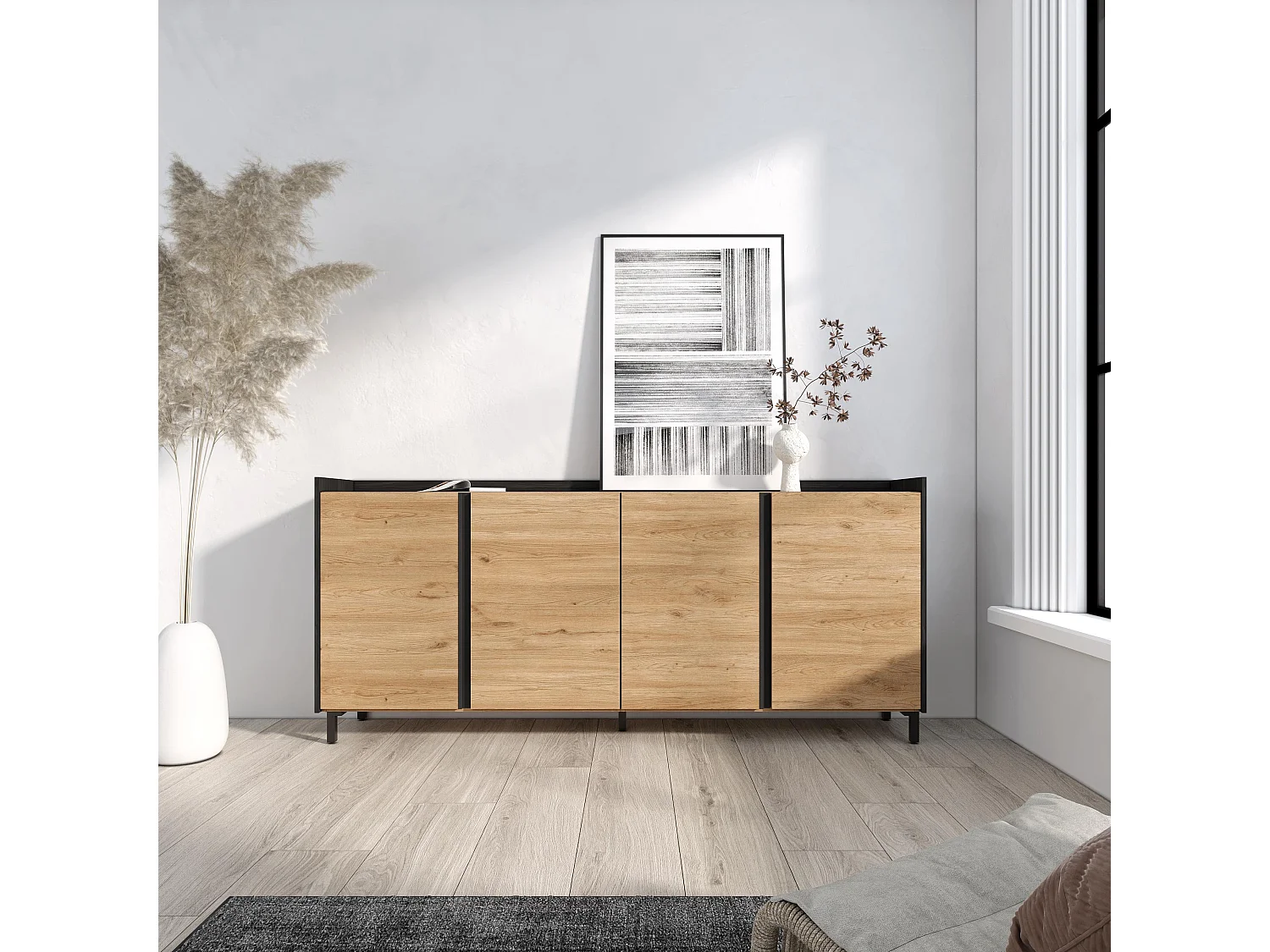 Dressoir, Opbergkast, 207x91x35 cm, 4 Deuren, Industrieel design, Eiken/Zwart