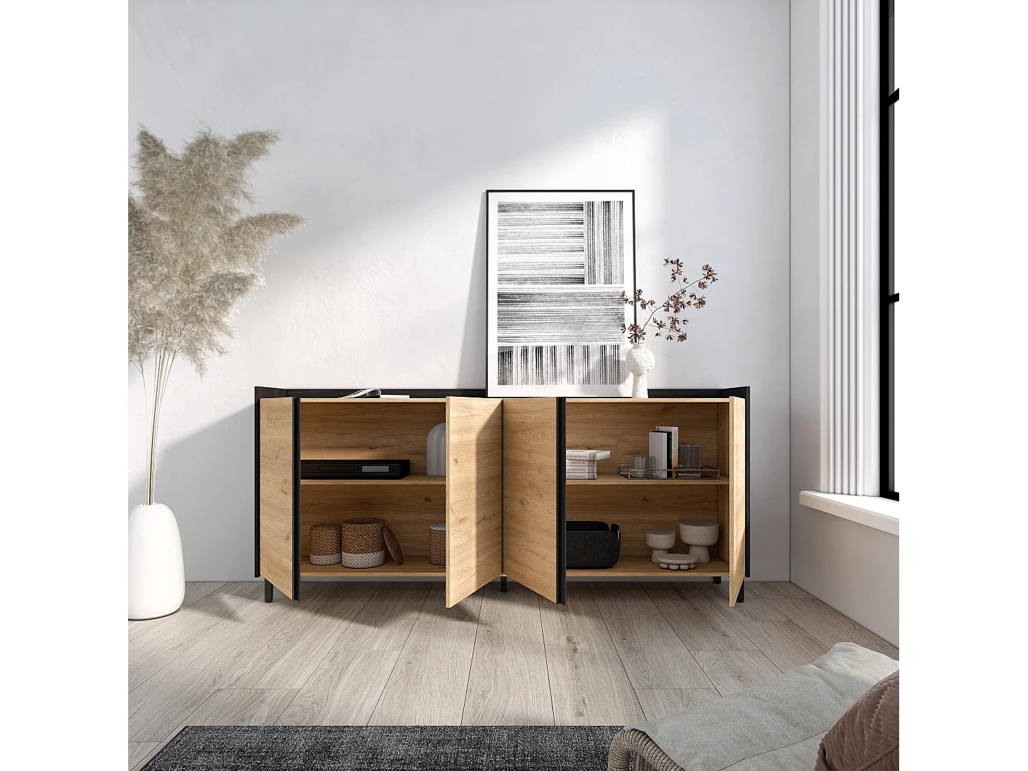 Dressoir, Opbergkast, 207x91x35 cm, 4 Deuren, Industrieel design, Eiken/Zwart