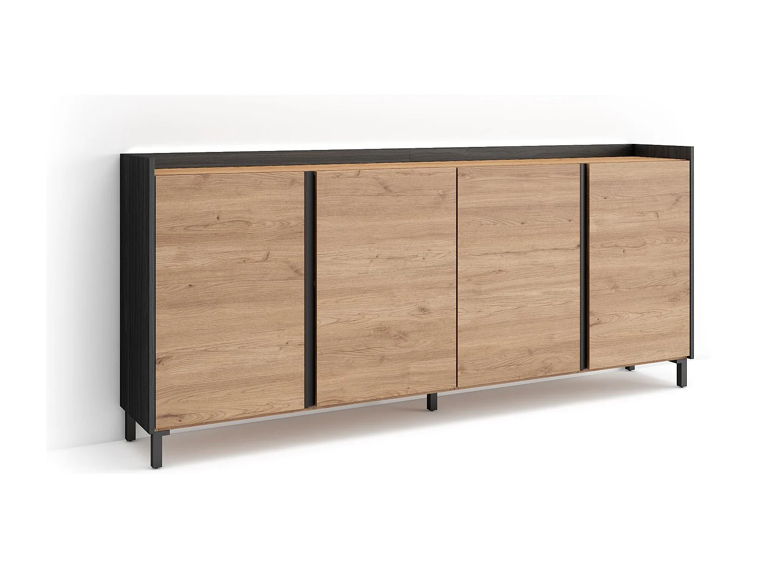 Credenza, Mobile, Cucina, 207x91x35 cm, 4 Porte, Design industriale, LED, Rovere e nero