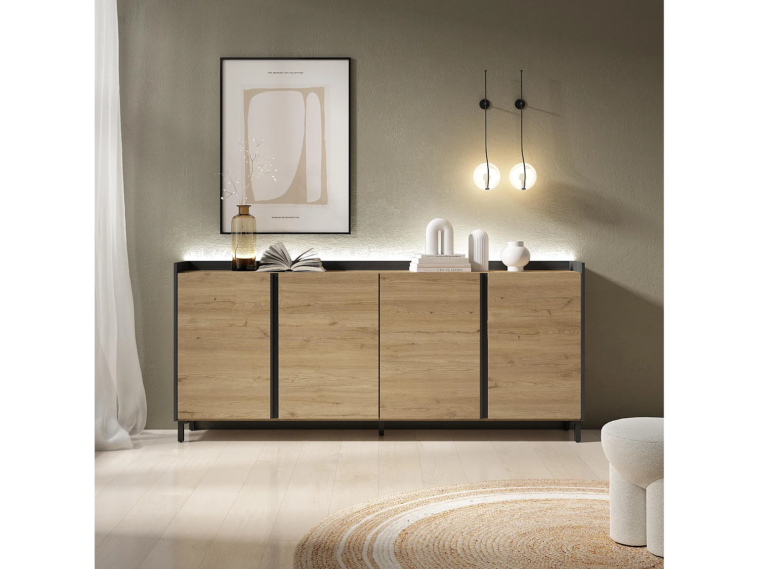 Credenza, Mobile, Cucina, 207x91x35 cm, 4 Porte, Design industriale, LED, Rovere e nero