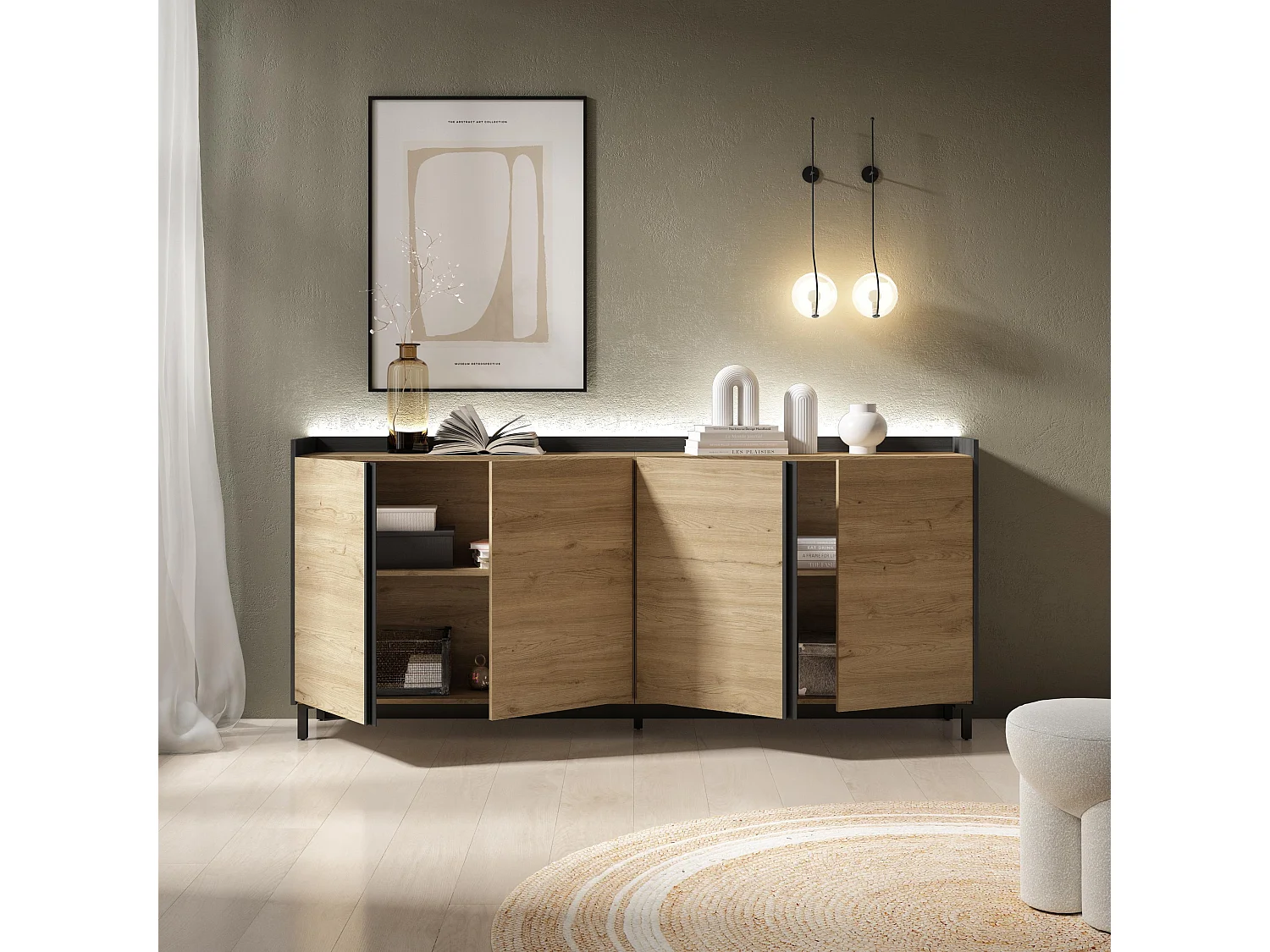 Credenza, Mobile, Cucina, 207x91x35 cm, 4 Porte, Design industriale, LED, Rovere e nero