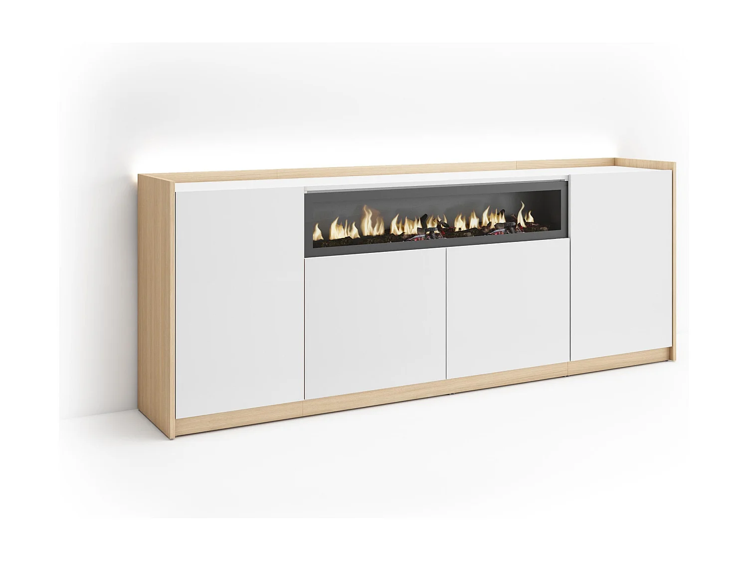 Credenza, Mobile, Cucina, 207x80x37 cm, 4 Porte, Camino elettrico, LED, Bianco e Rovere soft