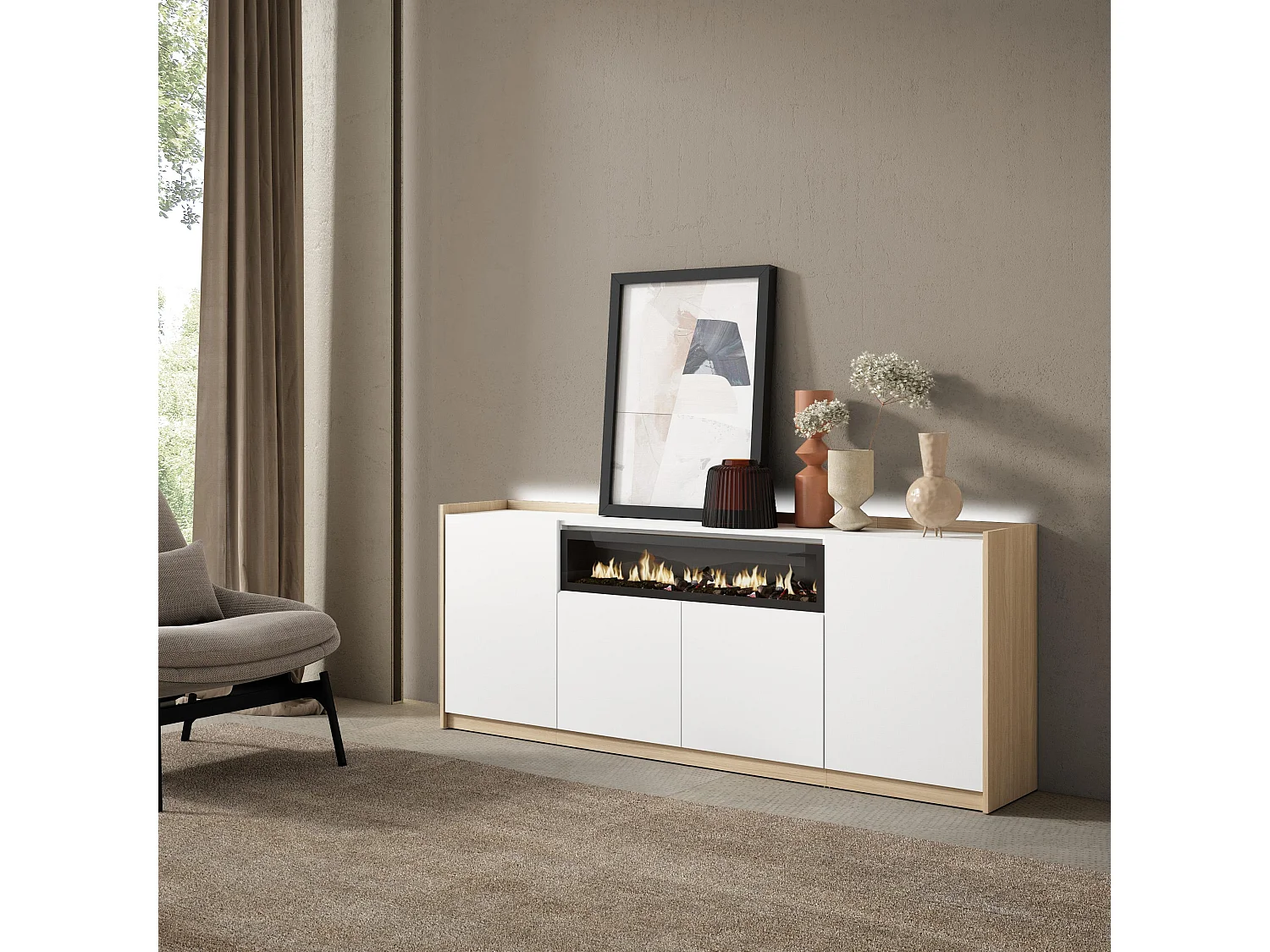 Credenza, Mobile, Cucina, 207x80x37 cm, 4 Porte, Camino elettrico, LED, Bianco e Rovere soft